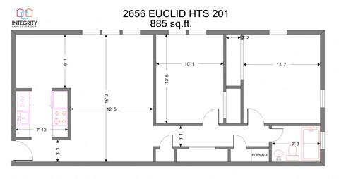 Floor plan for 2 beds, 1 bath, 854 sqft
